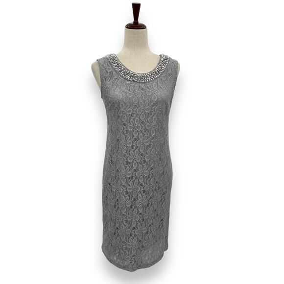 NEW R&M Richards Dress Set Size 8 Gray Cascading 3/4 Sleeve Lace Jacket Cardigan - Picture 5 of 16